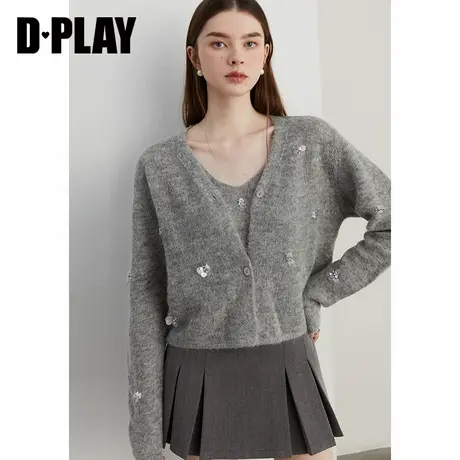 DPLAY2025春季灰色羊驼毛羊毛混纺针织开衫套装针织背心两件套女商品大图