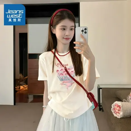 KMV真维斯短袖t恤女夏季2025新款宽松显瘦纯棉打底衫重磅内搭上衣商品大图