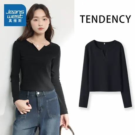 KMV真维斯黑色v领长袖t恤女秋季2025新款正肩显瘦修身设计感上衣商品大图