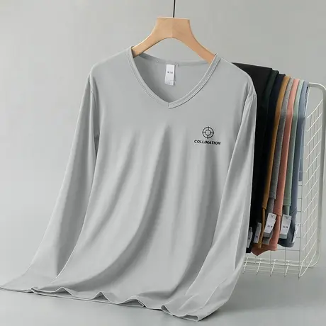 莫代尔棉男士长袖t恤秋冬季打底衫潮流字母印花内搭体恤V领上衣服商品大图