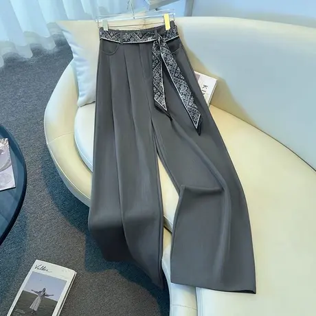 拉夏贝尔灰色西装阔腿裤女夏薄款2025新款垂坠感裤高腰休闲直筒裤商品大图