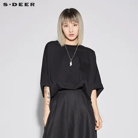 sdeer圣迪奥2019新款女装套头圆领蝙蝠拉链宽松短袖T恤S18280134图片
