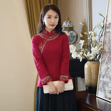 筠雅唐装女中国风偏襟盘扣上衣复古妈妈款红色禅意茶服旗袍外套商品大图