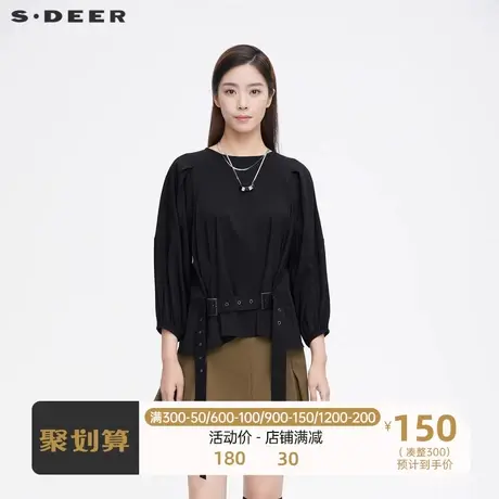 sdeer圣迪奥女装压褶收腰黑色长袖衬衫上衣女设计感小众S21360529图片