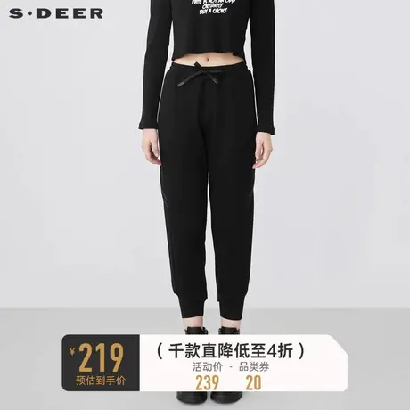 sdeer圣迪奥冬季运动休闲松紧织带拼接黑色长裤S21480820图片