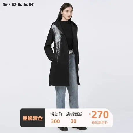 sdeer圣迪奥女装休闲连帽撞色印花收腰毛呢大衣女冬外套S20481807图片