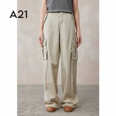 A21女装宽松中腰阔腿梭织长裤春夏季日系工装裤设计感休闲直筒裤商品大图