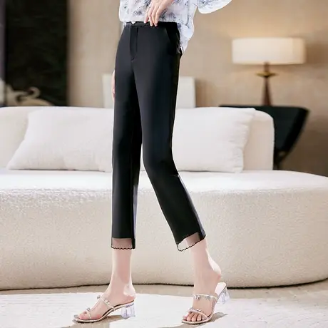 宝诗黎高腰直筒黑色休闲裤2025夏季新款气质百搭显瘦大码九分裤女商品大图