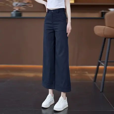 高腰显瘦天丝棉阔腿休闲裤女夏季薄款小个子九分裤时尚窄版直筒裤商品大图