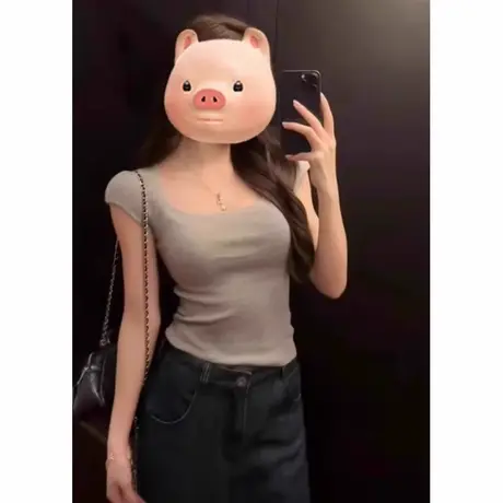 法式复古方领冰丝针织衫短袖t恤女夏季修身显瘦别致正肩韩系上衣图片