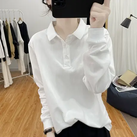 秋装精品纯棉宽松翻领长袖T恤女2024韩系显瘦上衣复古打底polo衫商品大图