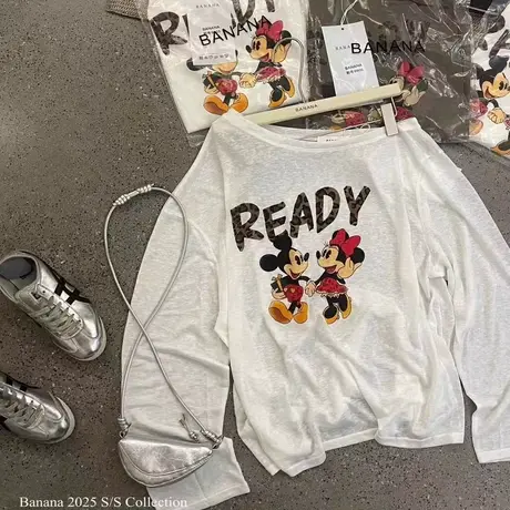 韩国东大门夏季新款卡通米奇印花斜肩长袖T恤女薄款防晒宽松上衣商品大图