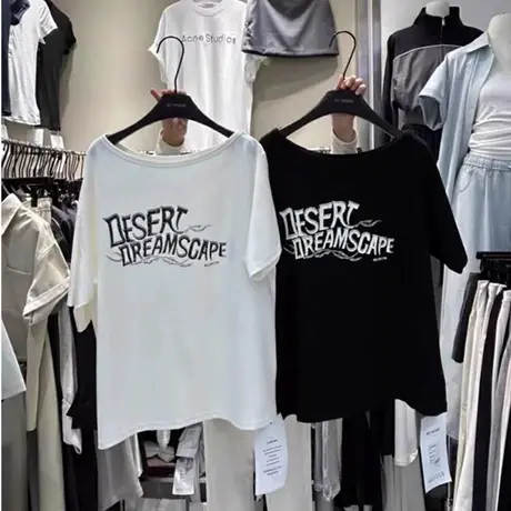 韩国东大门夏季新款休闲宽松百搭显瘦斜肩字母印花短袖T恤上衣女商品大图