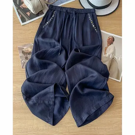 拉夏贝尔藏青色棉麻阔腿裤女夏薄款2025新款亚麻九分裤拼接直筒裤商品大图