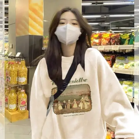 圆领卫衣女秋冬加绒加厚美式复古宽松小众设计感无帽长袖上衣潮牌图片