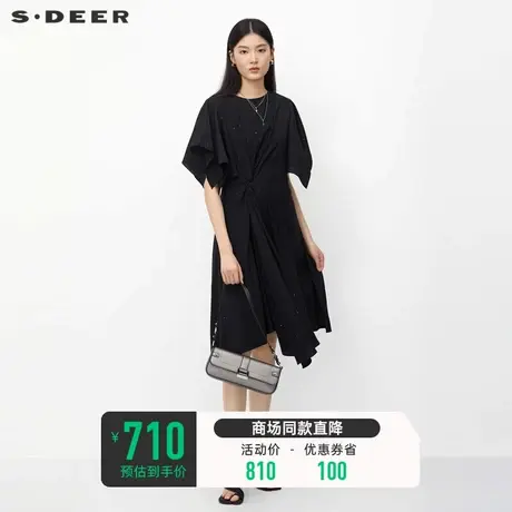 sdeer圣迪奥女装圆领压褶不规则短袖连衣裙S23281203商品大图