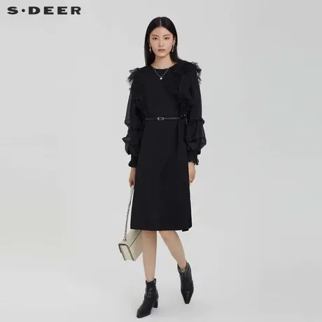 【直播间专属】sdeer圣迪奥荷叶边收腰网纱长袖连衣裙S231Z1249商品大图