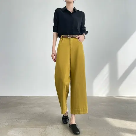 黄色九分莱赛尔天丝棉牛仔阔腿裤女夏季薄款休闲八分小个子直筒裤商品大图