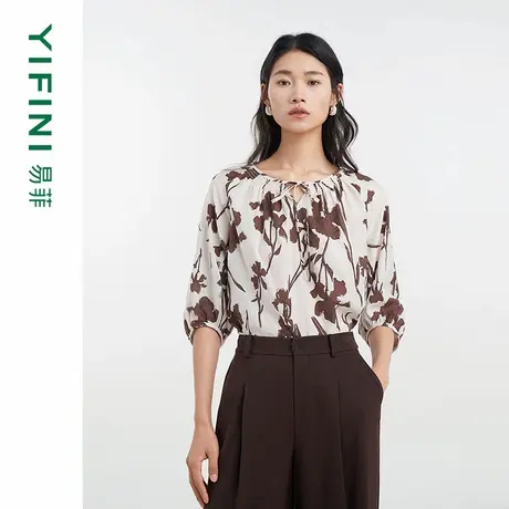 [专柜同款]Yifini/易菲时尚文艺印花醋酸凉感套头小衫女D04S1417商品大图