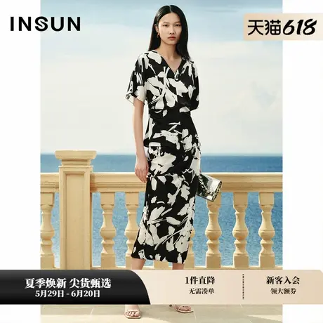 【桑蚕丝】INSUN恩裳专选夏季V领捏褶印花桑蚕丝衬衣商品大图