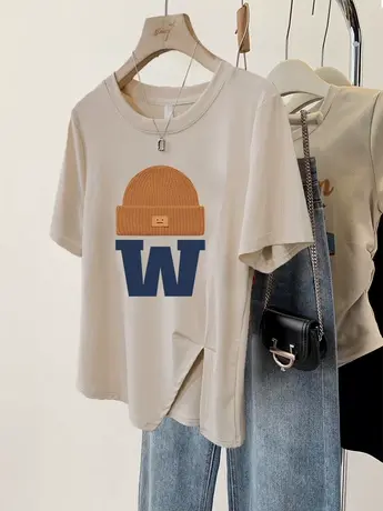 港风纯棉短袖女复古chic夏季大码不规则开叉下摆t恤ins潮休闲上衣商品大图