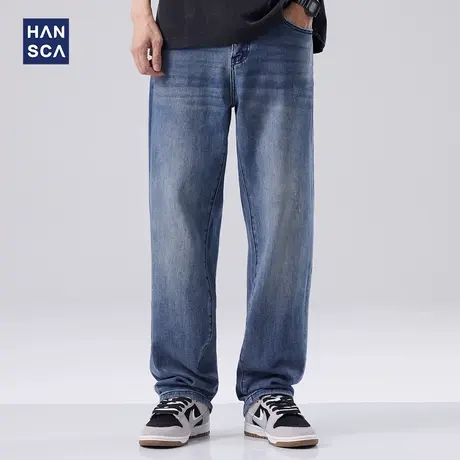 hansca男士牛仔裤春季新款直筒宽松裤子美式高街阔腿复古水洗长裤图片
