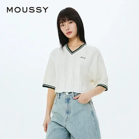 【百】moussy 2024夏季新品学院风通勤V领镂空刺绣针织衫图片