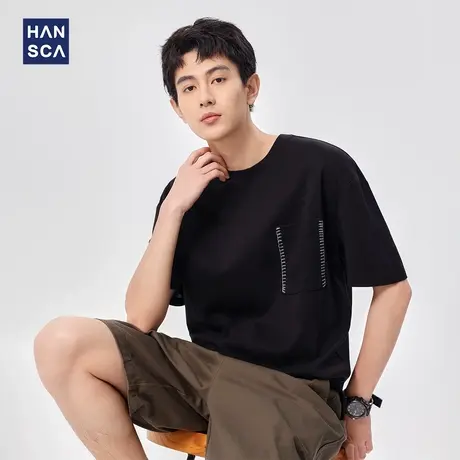 hansca 凉感抗菌桑蚕丝短袖t恤男2025夏季黑色透气高级感休闲上衣商品大图