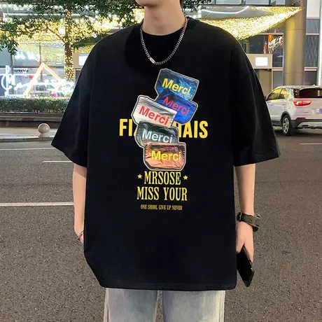 夏季新款美式潮牌卡通短袖T恤男潮流宽松半袖大码情侣圆领体恤衫商品大图