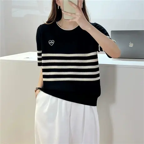 2023新款刺绣条纹套头短袖T恤 女时尚针织衫休闲百搭宽松女士上衣图片