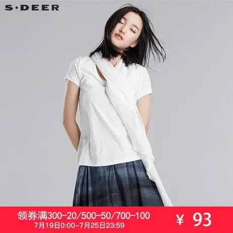 sdeer圣迪奥夏装灵动雪纺垂褶拼接简约纯色短袖打底T恤S16280105图片