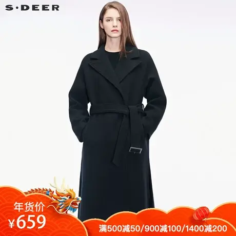 sdeer圣迪奥流畅剪裁个性腰带装饰开衩下摆平驳领大衣S18481817图片