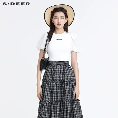 sdeer圣迪奥女装22新款罗纹字母修身少女泡泡袖针织上衣S22283506图片