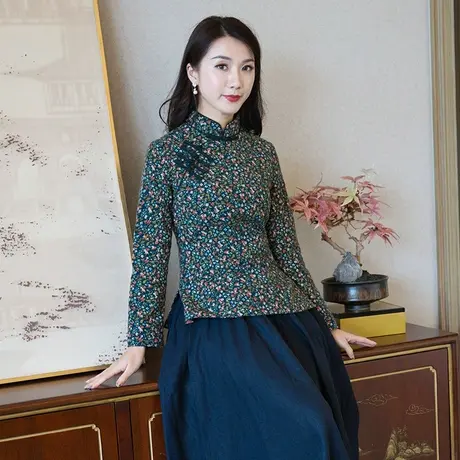 筠雅旗袍式上衣唐装中国风女装棉麻复古原创碎花长袖茶服中式女装商品大图