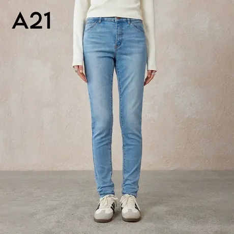 A21女装显瘦弹力中腰窄脚牛仔九分裤水洗渐变长裤商品大图