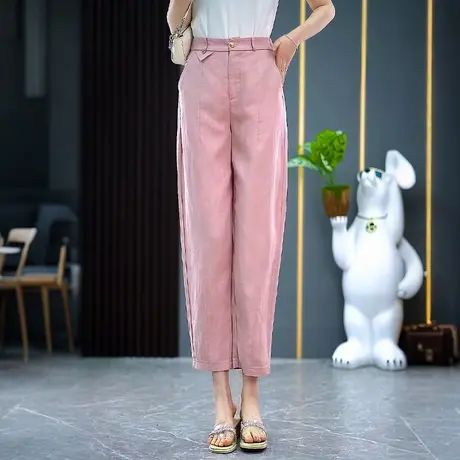 天丝亚麻高腰八分哈伦裤女夏季垂顺薄款西装显瘦遮胯小脚休闲裤商品大图