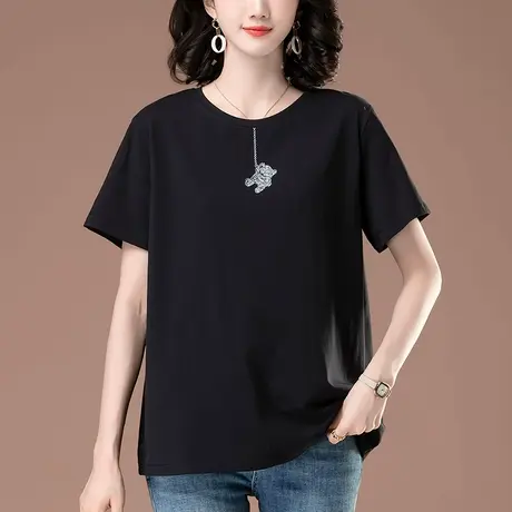 短袖t恤女夏季纯棉宽松加大码女装中年妈妈刺绣百搭休闲半袖体恤商品大图