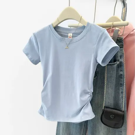 褶皱收腰正肩短袖T恤女夏季修身韩版打底衫短款小个子半袖上衣潮图片