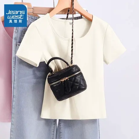 KMV真维斯u领纯色短袖t恤女2025夏季新款修身显瘦百搭设计感上衣商品大图