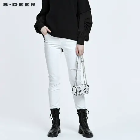 sdeer圣迪奥女装休闲高腰插袋破洞喇叭白色长裤S22260824商品大图