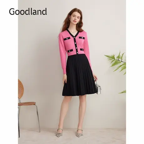Goodland美地女装2024秋季新款法式撞色V领假两件针织连衣裙图片