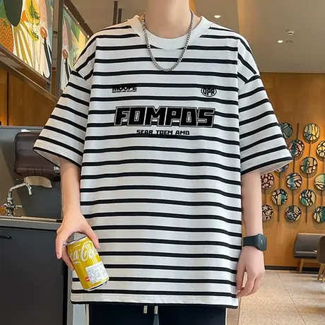 撞色条纹短袖男夏季棉感半袖t恤男休闲宽松上衣青少年港风体恤衫T商品大图