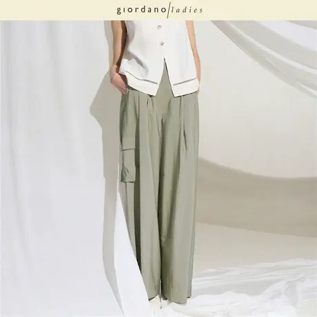 GL2025夏季新款裤子女压褶工装裤半松紧腰薄款阔腿长裤女02415006商品大图