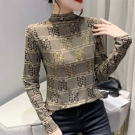 半高领打底衫女秋冬气质妈妈装时尚印花烫钻长袖T恤显瘦网纱上衣商品大图