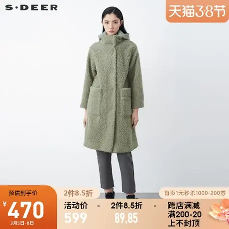 sdeer圣迪奥冬季新品时尚高领连帽拼接羊羔绒长款大衣女S21461810👨商品大图