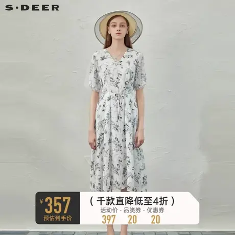 sdeer圣迪奥女装V领印花网纱收腰泡泡袖连衣裙S232Z12JS🍒商品大图