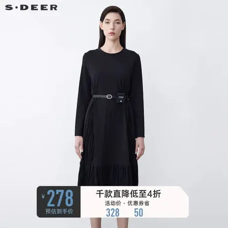 sdeer圣迪奥冬装圆领拼接不规则收腰黑色连衣裙S21461218图片