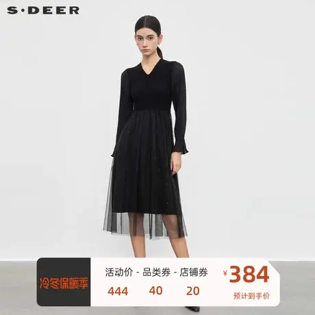 sdeer圣迪奥女装V领针织拼接网纱不规则连衣裙S23461204商品大图