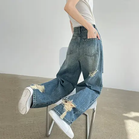 破洞弯刀阔腿牛仔裤女夏季薄款高腰宽松乞丐裤复古个性镰刀直筒裤商品大图