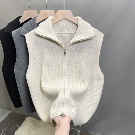 翻领双拉链无袖针织开衫软糯舒适无袖坎肩马甲背心女叠穿上衣外套商品大图
